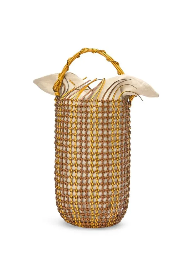 Loewe Bucket Mesh Bag In Calfskin Tanyellow Women Shoulder Bags