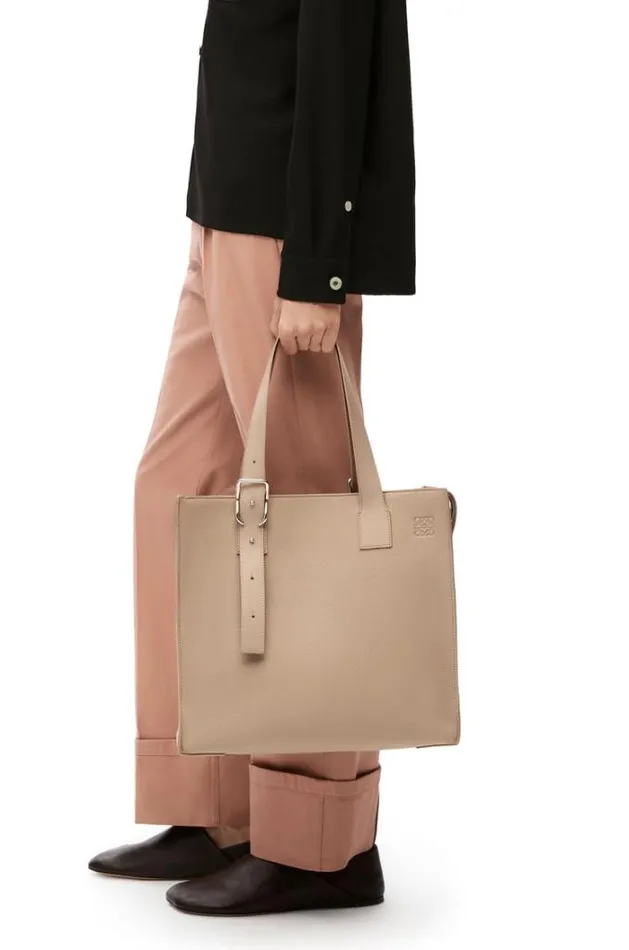 Loewe Buckle Zip Tote In Soft Grained Calfskin Sand Men Business Bags