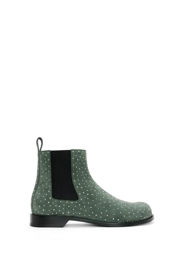 Loewe Campo Chelsea Boot In Suede Calfskin And Rhinestones Dark Green Men Boots