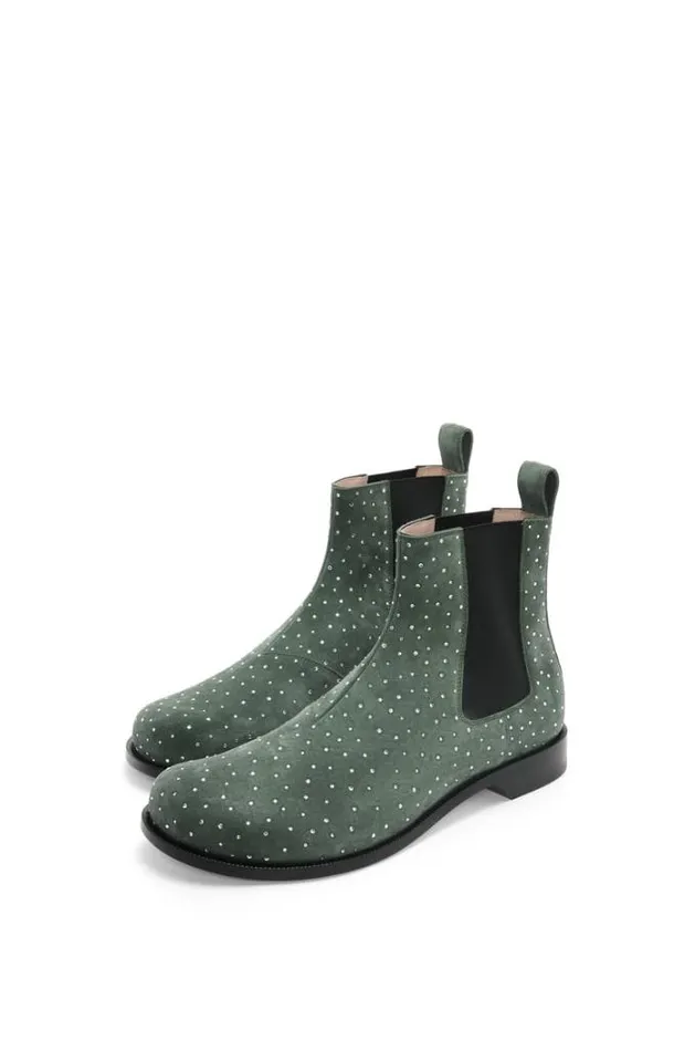 Loewe Campo Chelsea Boot In Suede Calfskin And Rhinestones Dark Green Men Boots