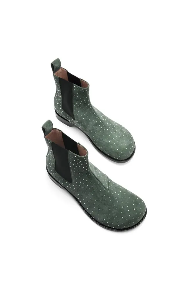 Loewe Campo Chelsea Boot In Suede Calfskin And Rhinestones Dark Green Men Boots