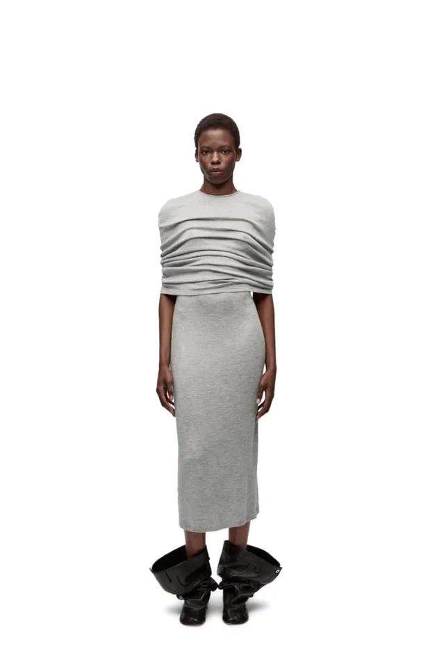 Loewe Cape Tube Dress In Cashmere Pale Grey Women Dresses