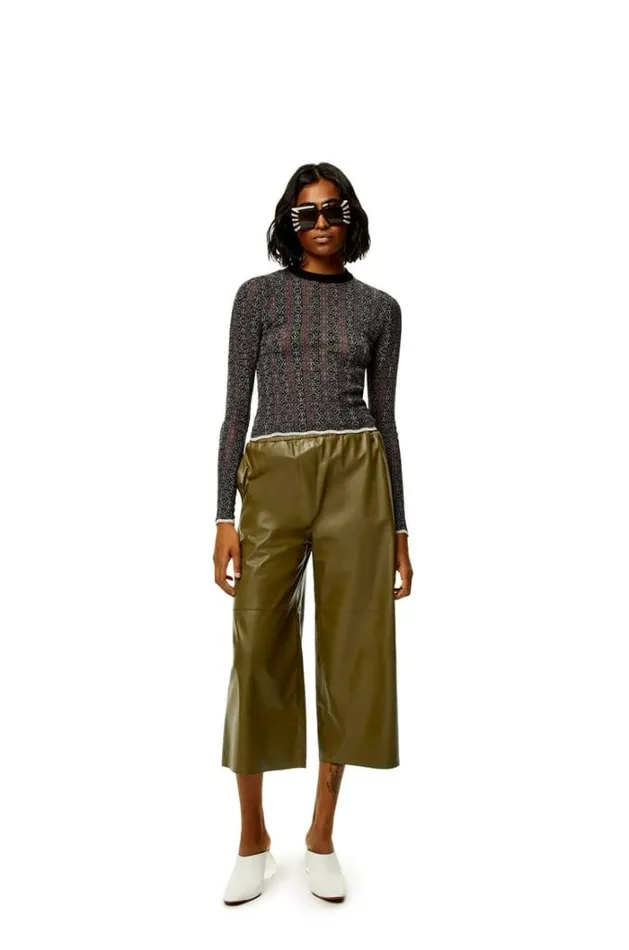 Loewe Cropped Trousers In Nappa Lambskin Dark Khaki Green Women Leather