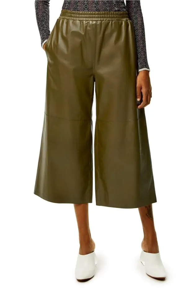 Loewe Cropped Trousers In Nappa Lambskin Dark Khaki Green Women Leather