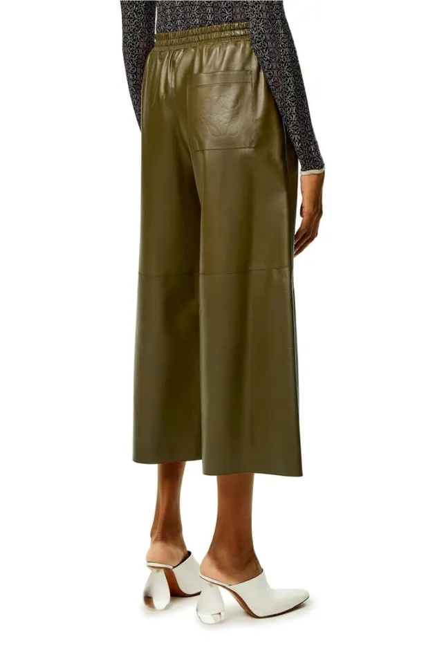 Loewe Cropped Trousers In Nappa Lambskin Dark Khaki Green Women Leather