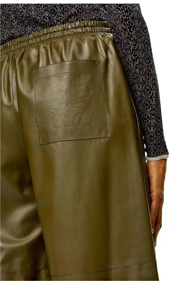 Loewe Cropped Trousers In Nappa Lambskin Dark Khaki Green Women Leather