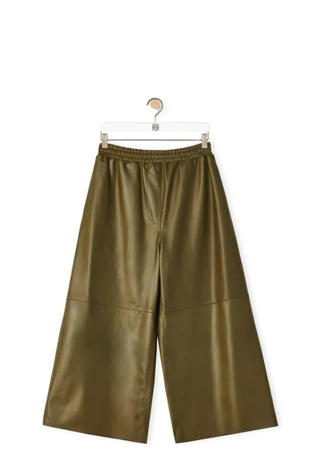 Loewe Cropped Trousers In Nappa Lambskin Dark Khaki Green Women Leather