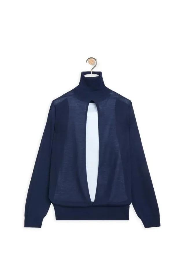 Loewe Double Layer Sweater In Wool Navywhite Women Knitwear