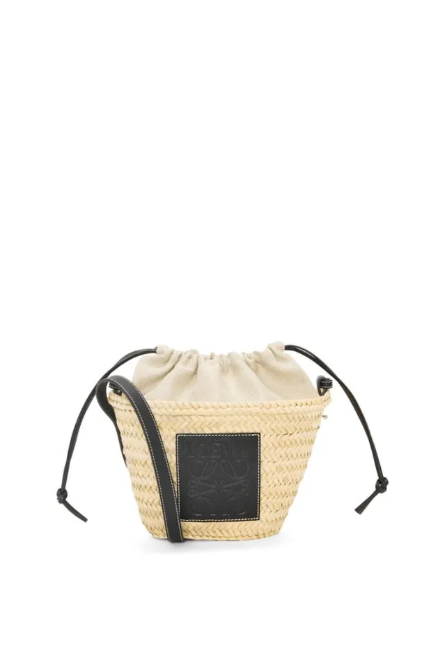 Loewe Drawstring Bucket Bag In Palm Leaf And Calfskin Naturalblack Women Bucket Bags