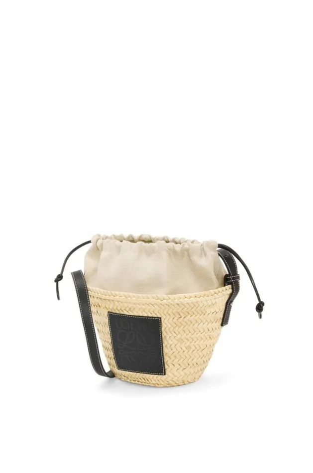 Loewe Drawstring Bucket Bag In Palm Leaf And Calfskin Naturalblack Women Bucket Bags