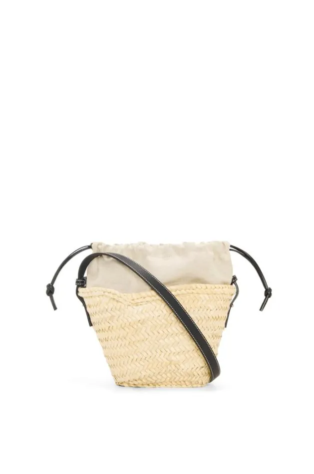 Loewe Drawstring Bucket Bag In Palm Leaf And Calfskin Naturalblack Women Bucket Bags