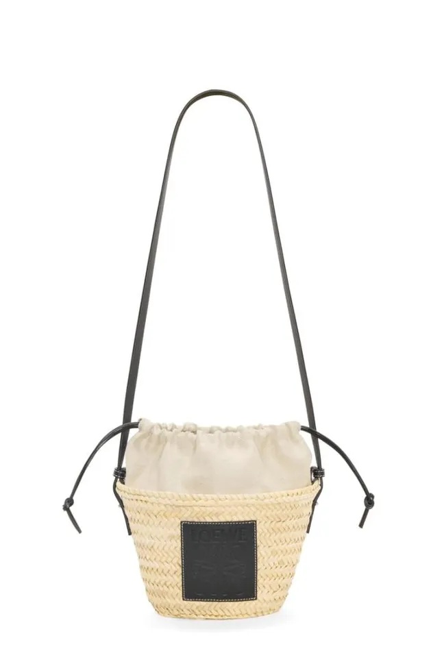 Loewe Drawstring Bucket Bag In Palm Leaf And Calfskin Naturalblack Women Bucket Bags