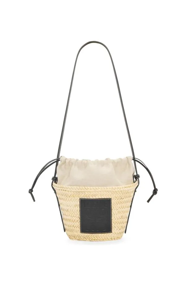 Loewe Drawstring Bucket Bag In Palm Leaf And Calfskin Naturalblack Women Bucket Bags