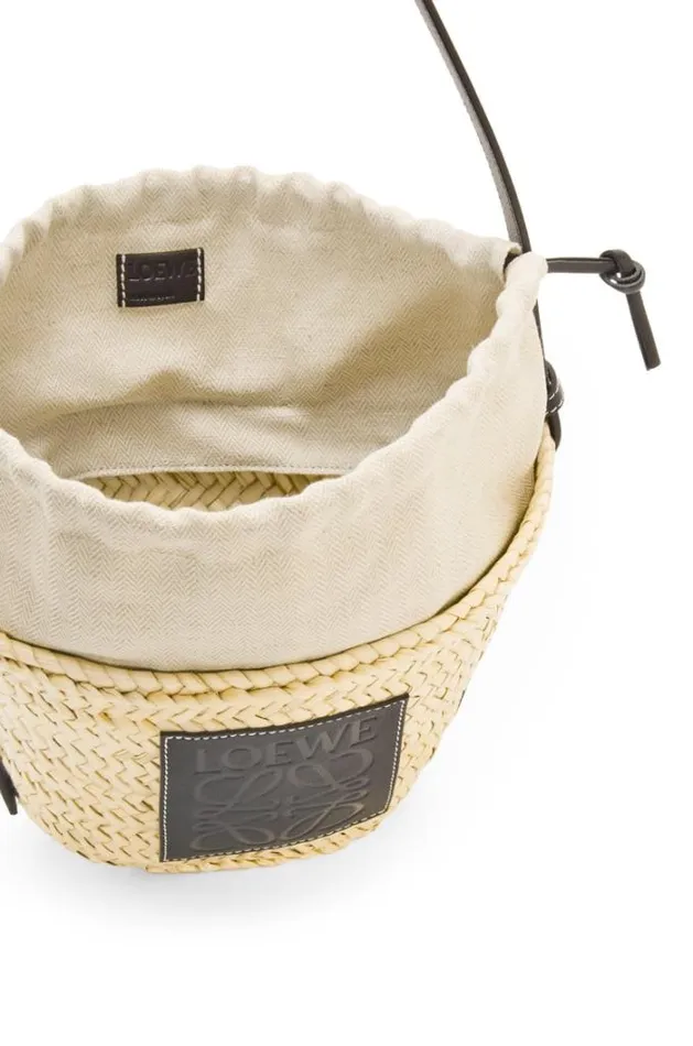 Loewe Drawstring Bucket Bag In Palm Leaf And Calfskin Naturalblack Women Bucket Bags