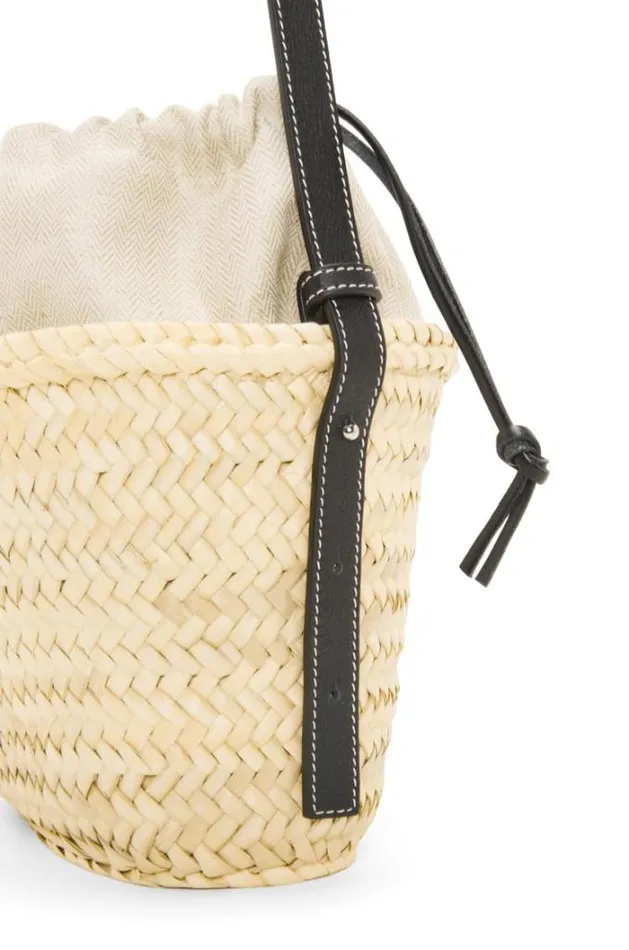 Loewe Drawstring Bucket Bag In Palm Leaf And Calfskin Naturalblack Women Bucket Bags