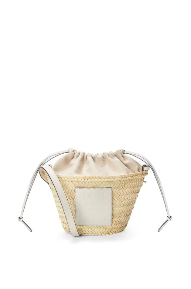 Loewe Drawstring Bucket Bag In Palm Leaf And Calfskin Naturalwhite Women Bucket Bags