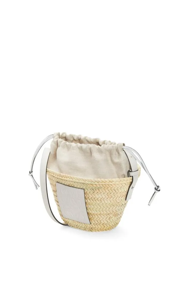 Loewe Drawstring Bucket Bag In Palm Leaf And Calfskin Naturalwhite Women Bucket Bags