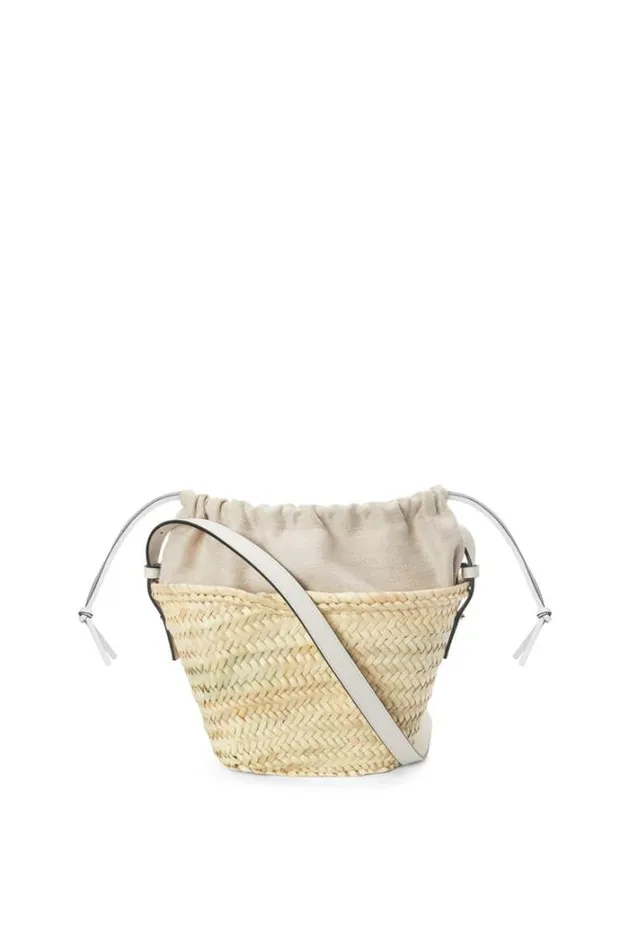 Loewe Drawstring Bucket Bag In Palm Leaf And Calfskin Naturalwhite Women Bucket Bags