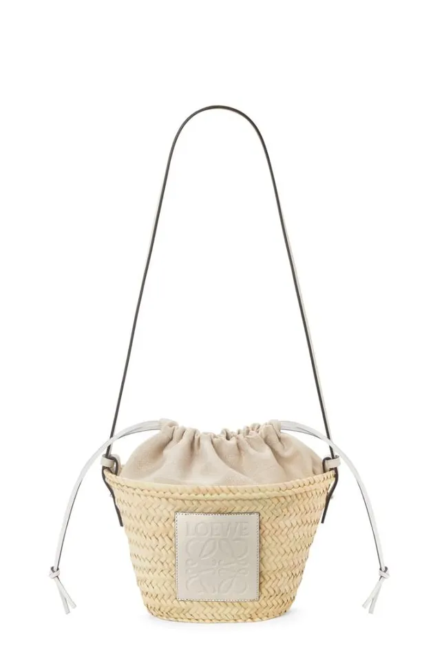 Loewe Drawstring Bucket Bag In Palm Leaf And Calfskin Naturalwhite Women Bucket Bags