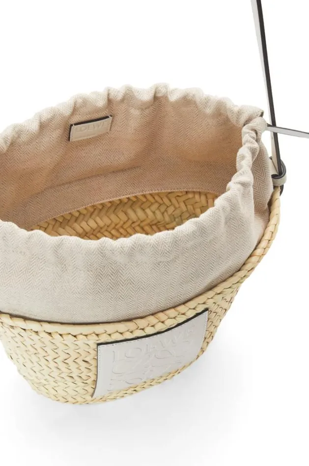 Loewe Drawstring Bucket Bag In Palm Leaf And Calfskin Naturalwhite Women Bucket Bags