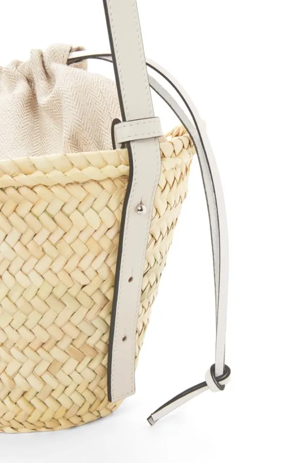 Loewe Drawstring Bucket Bag In Palm Leaf And Calfskin Naturalwhite Women Bucket Bags