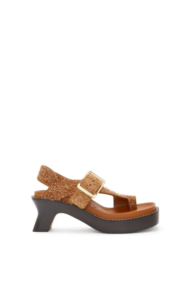 Loewe Ease Heel Sandal In Brushed Suede Tan Women Sandals