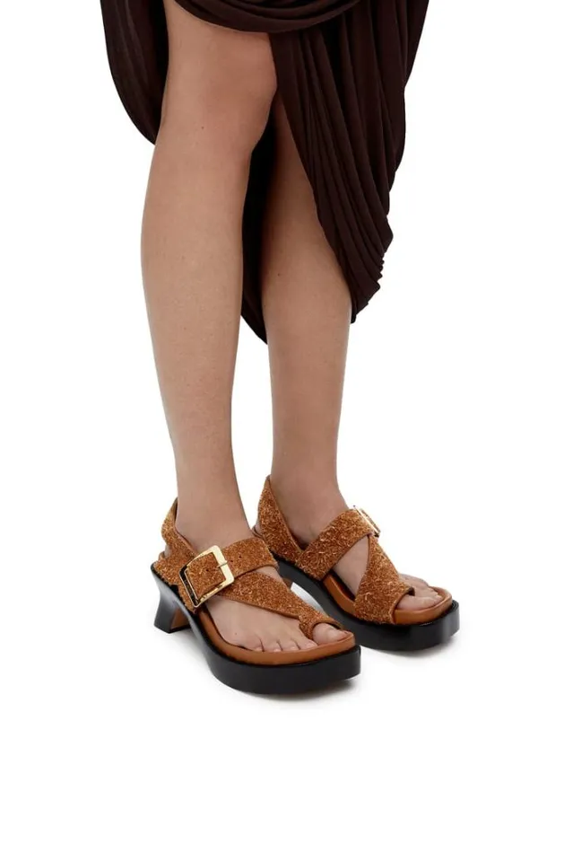 Loewe Ease Heel Sandal In Brushed Suede Tan Women Sandals