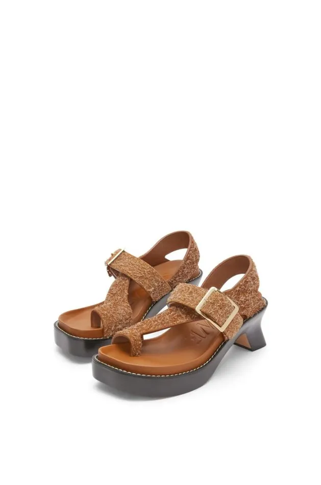 Loewe Ease Heel Sandal In Brushed Suede Tan Women Sandals
