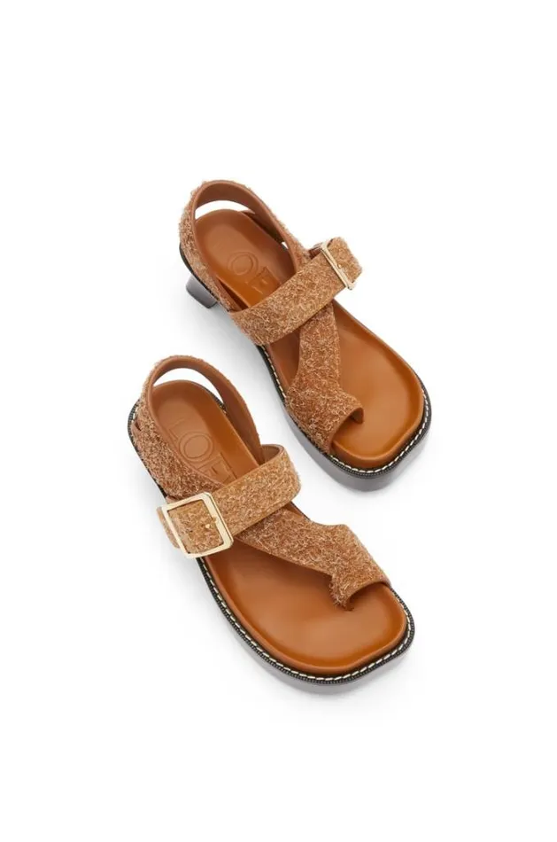 Loewe Ease Heel Sandal In Brushed Suede Tan Women Sandals