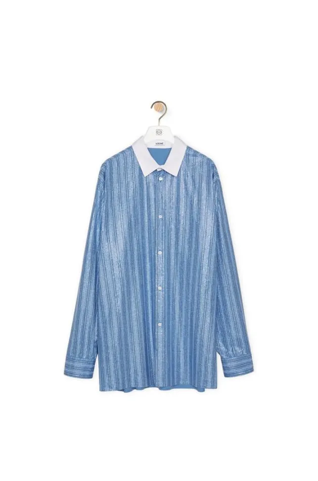 Loewe Embelisshed Shirt In Cotton Stone Blue Men Shirts