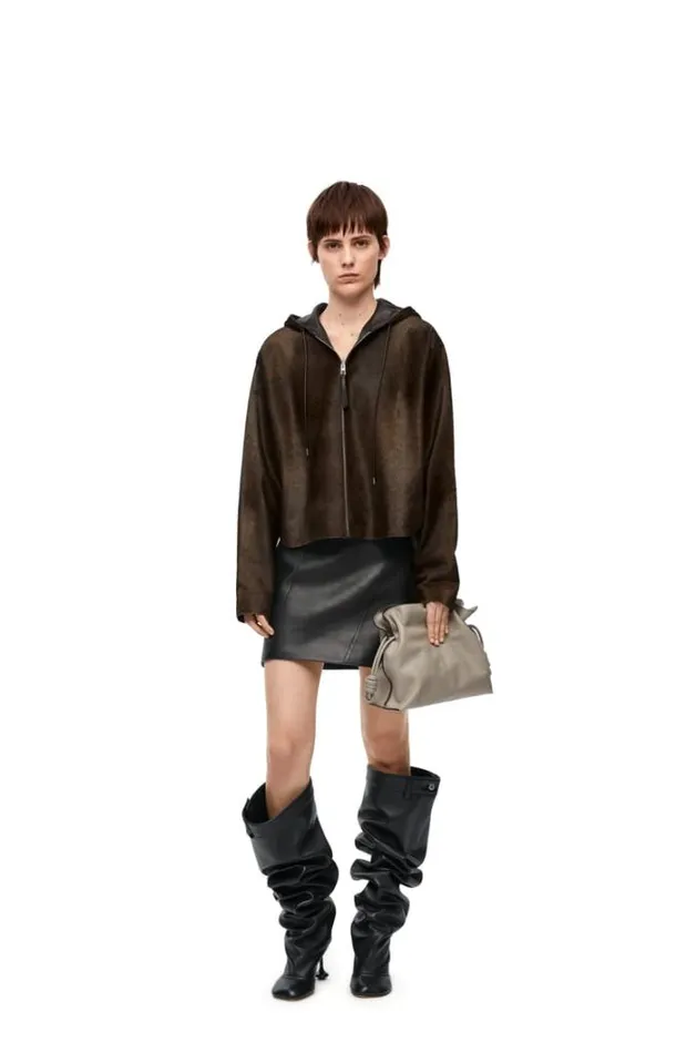 Loewe Hooded Jacket In Hairy Calfskin Brown Women Jackets