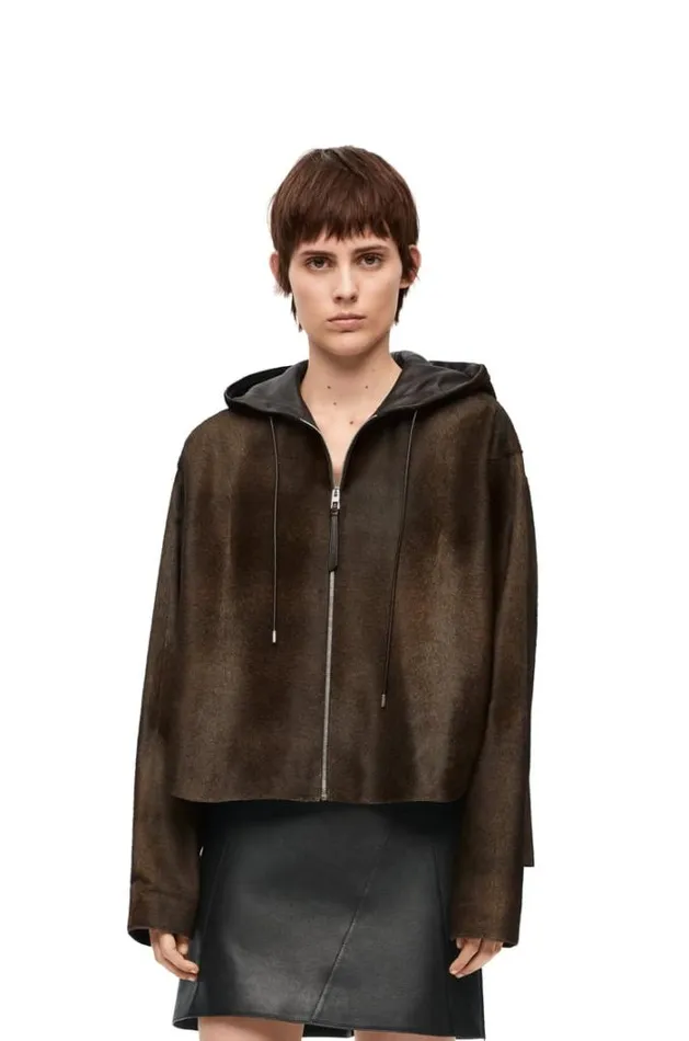 Loewe Hooded Jacket In Hairy Calfskin Brown Women Jackets