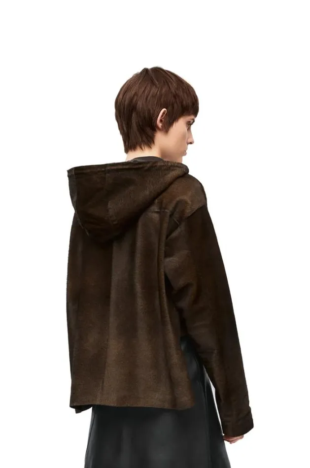 Loewe Hooded Jacket In Hairy Calfskin Brown Women Jackets