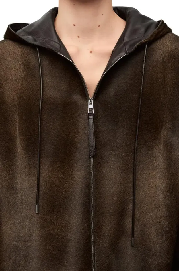 Loewe Hooded Jacket In Hairy Calfskin Brown Women Jackets