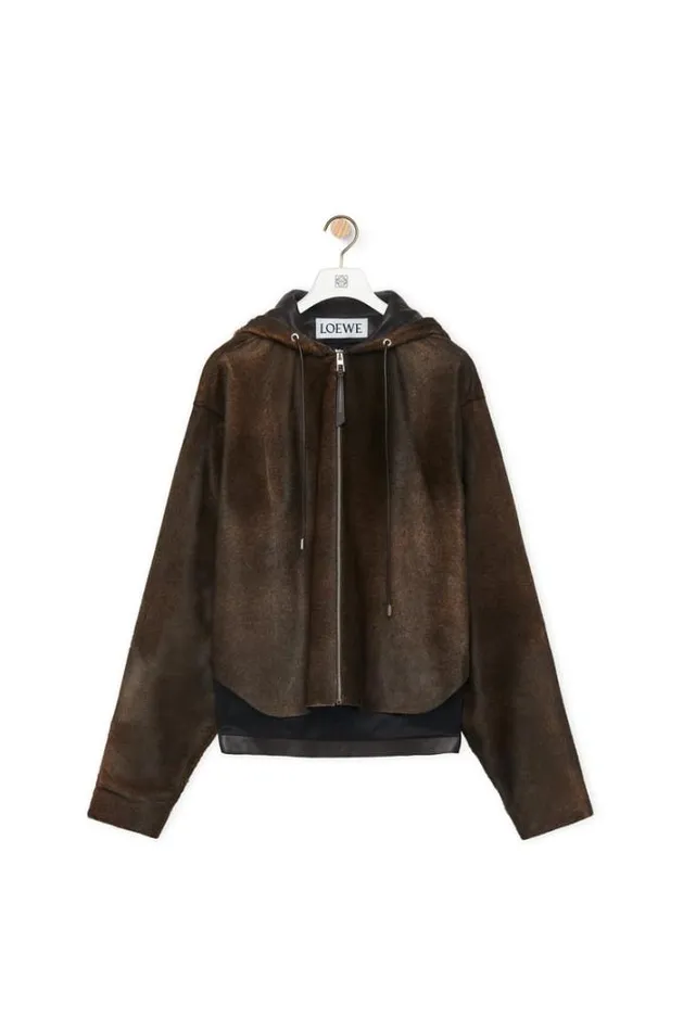 Loewe Hooded Jacket In Hairy Calfskin Brown Women Jackets