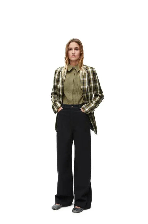 Loewe Jacket In Wool And Linen Khaki Greeenblackwhite Women Jackets