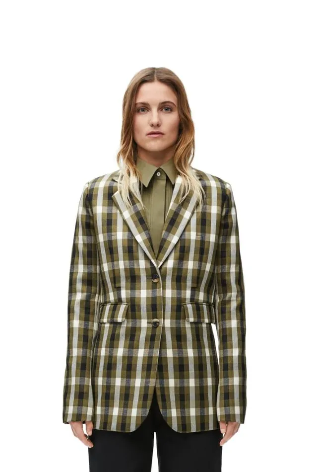 Loewe Jacket In Wool And Linen Khaki Greeenblackwhite Women Jackets