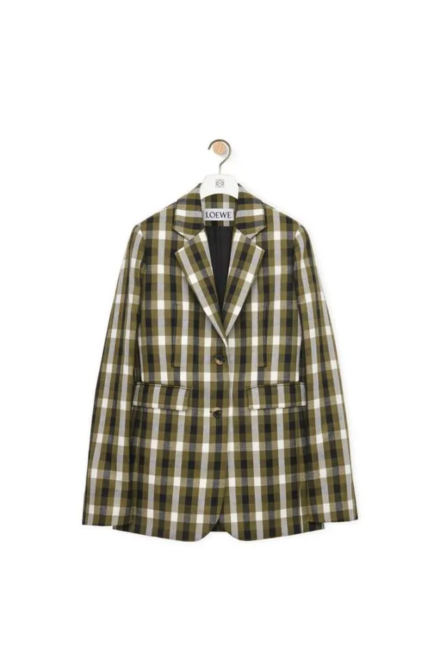 Loewe Jacket In Wool And Linen Khaki Greeenblackwhite Women Jackets