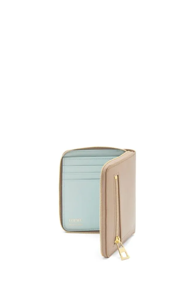 Loewe Knot Compact Zip Wallet In Shiny Nappa Calfskin Sand Blue Iceberg Women Small Wallets