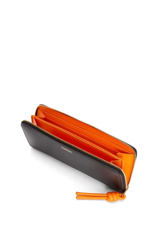 Loewe Knot Zip Around Wallet In Shiny Nappa Calfskin Blackbright Orange Women Large Wallets
