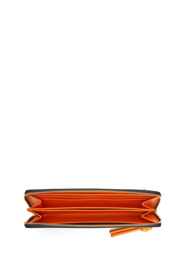 Loewe Knot Zip Around Wallet In Shiny Nappa Calfskin Blackbright Orange Women Large Wallets