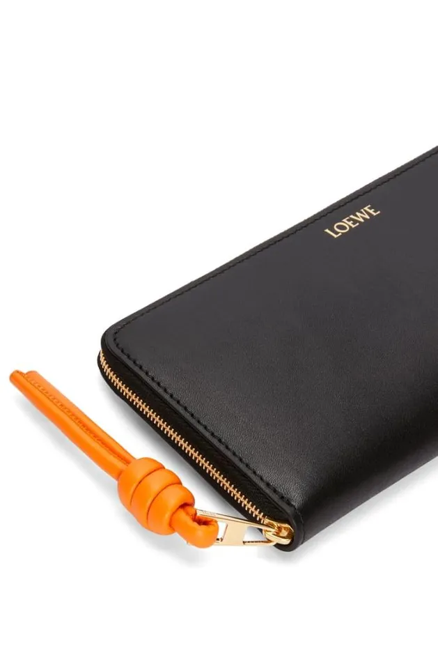 Loewe Knot Zip Around Wallet In Shiny Nappa Calfskin Blackbright Orange Women Large Wallets