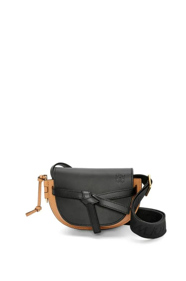Loewe Mini Gate Dual Bag In Soft Calfskin And Jacquard Blackwarm Desert Women Crossbody Bags