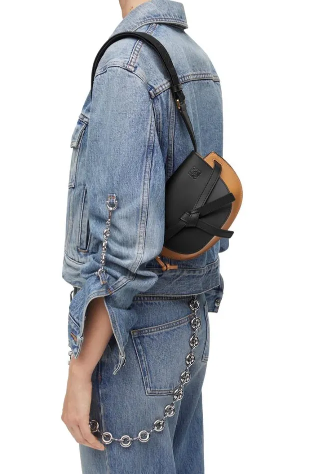 Loewe Mini Gate Dual Bag In Soft Calfskin And Jacquard Blackwarm Desert Women Crossbody Bags