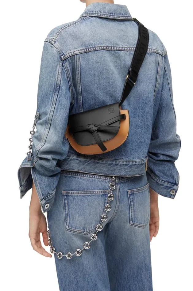 Loewe Mini Gate Dual Bag In Soft Calfskin And Jacquard Blackwarm Desert Women Crossbody Bags