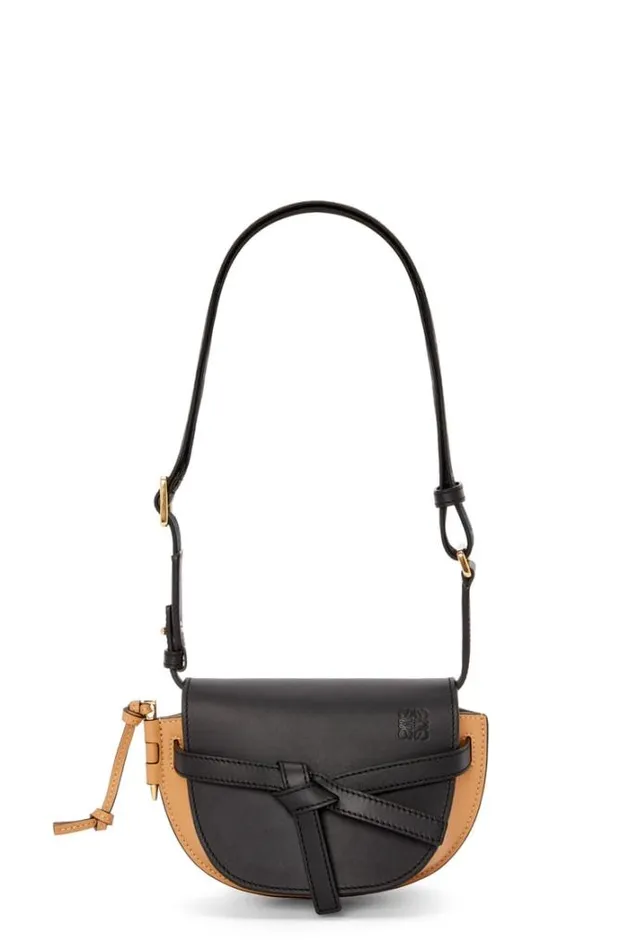 Loewe Mini Gate Dual Bag In Soft Calfskin And Jacquard Blackwarm Desert Women Crossbody Bags