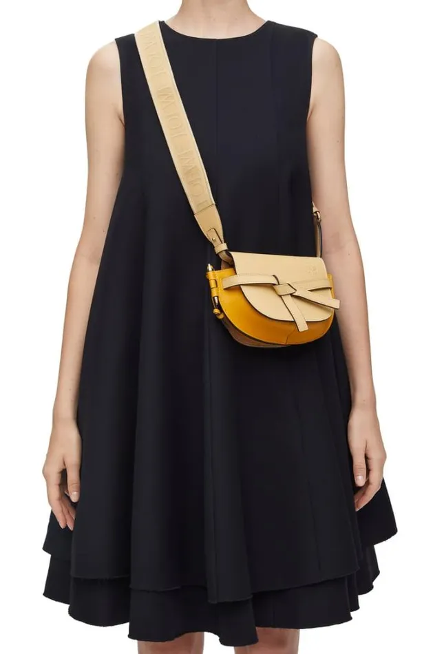 Loewe Mini Gate Dual Bag In Soft Calfskin And Jacquard Dark Buttersunflower Women Mini Bags