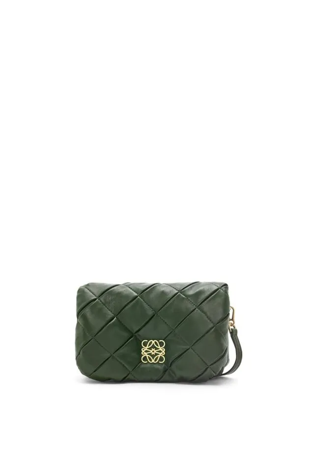 Loewe Mini Puffer Goya In Pleated Shiny Nappa Lambskin Bottle Green Women Crossbody Bags