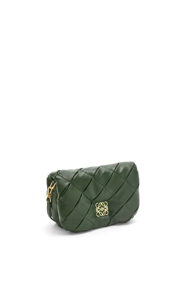 Loewe Mini Puffer Goya In Pleated Shiny Nappa Lambskin Bottle Green Women Crossbody Bags