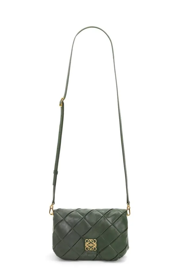 Loewe Mini Puffer Goya In Pleated Shiny Nappa Lambskin Bottle Green Women Crossbody Bags